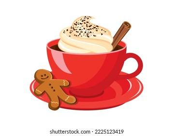 Hot cocoa drink with whipped cream and cinnamon icon vector. Red mug of hot chocolate with gingerbread man vector. Sweet winter drink icon isolated on a white background. Christmas beverage drawing