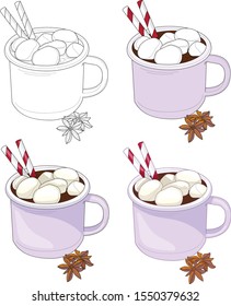 Hot cocoa four different ways. Winter Christmas related vector illustration set