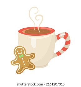 Hot cocoa with gingerbread in mug cartoon illustration. Colorful winter drinks, coffee with cinnamon, tea. Beverage, Christmas concept