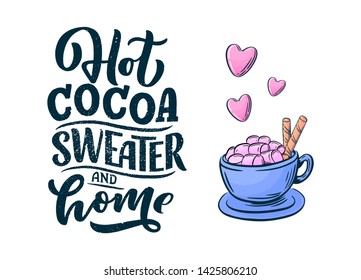 Hot cocoa hand lettering composition. Hand drawn quote for Christmas signs, cafe, bar and restaurant. Vector illustration