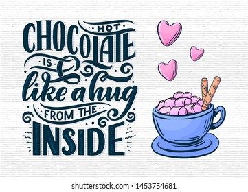 Hot cocoa hand lettering composition. Hand drawn quote for Christmas signs, cafe, bar and restaurant. Vector illustration
