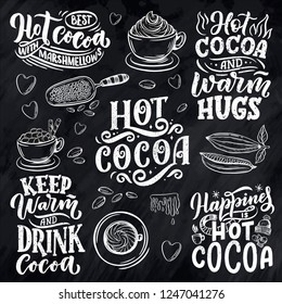 Hot cocoa hand lettering set with cup of cocoa, marshmallows. Hand drawn Christmas signs for cafe, bar and restaurant. Vector illustration