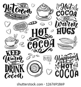 Hot cocoa hand lettering set with cup of cocoa, marshmallows. Hand drawn Christmas signs for cafe, bar and restaurant. Vector illustration