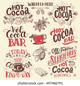 Hot Cocoa Hand Lettering Set With Cup Of Cocoa Cartoon Character. Hand Drawn Christmas Signs For Cafe, Bar And Restaurant