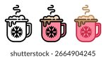 Hot cocoa icon. Hot cocoa is a warm beverage made from cocoa powder, milk, and sugar. Sserved in a mug and topped with marshmallows or cream. Popular comfort drink.