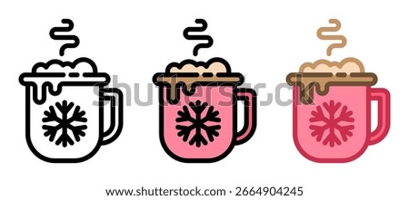 Hot cocoa icon. Hot cocoa is a warm beverage made from cocoa powder, milk, and sugar. Sserved in a mug and topped with marshmallows or cream. Popular comfort drink.
