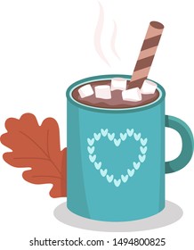 Hot cocoa with marshmallow and wafer roll. Autumn warming drink.
