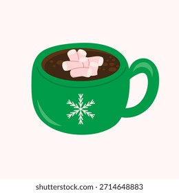 Cacao caliente con malvaviscos en una taza verde decorada con un copo de nieve. Una bebida tradicional de invierno.