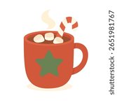 Hot cocoa with marshmallows in red cup, cocoa steaming with holiday warmth, cocoa cup includes candy cane, perfect for cozy seasonal illustration.