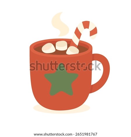 Hot cocoa with marshmallows in red cup, cocoa steaming with holiday warmth, cocoa cup includes candy cane, perfect for cozy seasonal illustration.