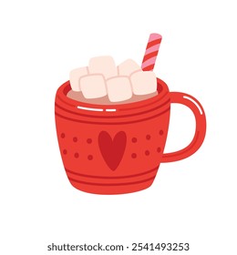 Hot cocoa with marshmallows in a red mug. Winter holidays traditional hot drink. Christmas flat vector illustration isolated on white background