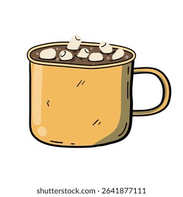 Hot cocoa with marshmallows in a yellow mug, outline illustration in doodle, hand-drawn. Isolated design element on a white background. Cozy and warm concept, for autumn, winter, Christmas projects