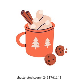 Hot cocoa mug with chocolate cookies. Warm cacao cup, winter drink with whipped cream and cinnamon sticks. Sweet tasty Christmas beverage. Flat vector illustration isolated on white background