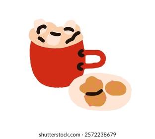 Hot cocoa in mug with marshmallows, cookies on plate. Warm cacao, sweet drink, winter beverage in cup and biscuits. Comfort food, sugar snack. Flat vector illustration isolated on white background