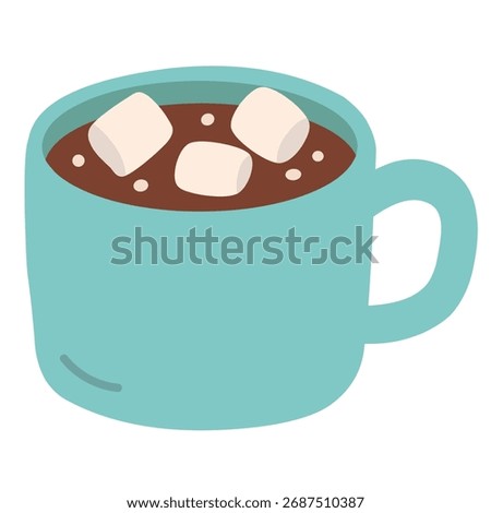 Hot cocoa mug with marshmallows in flat cute style for winter holiday, perfect for cozy prints, greeting cards, and seasonal decoration.