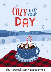 Hot cocoa mug on buffalo plaid flat vector typography poster. Hand drawn hot chocolate cup, cookie cartoon. Cute christmas coffee mug design. Decorative winter seasonal holiday background illustration