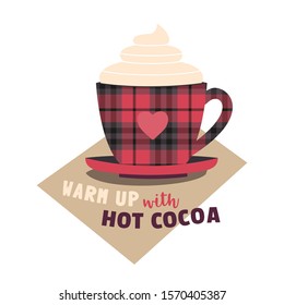 Hot cocoa mug whipped cream flat vector icon. Winter hot drink chocolate cup marshmallow cartoon. Buffalo plaid coffee mug design element. Cold winter season hot cocoa bar menu background illustration