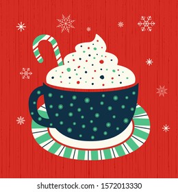 Hot cocoa mug whipped cream flat vector icon. Winter hot chocolate cup marshmallow cartoon. Cute hand drawn coffee mug design element. Cold winter season hot cocoa bar menu background illustration