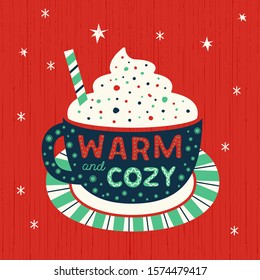 Hot cocoa mug whipped cream flat vector icon. Winter hot chocolate cup marshmallow cartoon. 