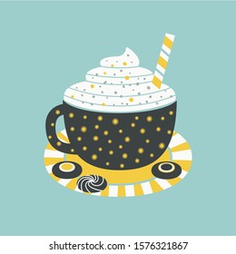 Hot cocoa mug whipped cream flat vector icon. Hot chocolate cup, marshmallow, cookie cartoon. Cute hand drawn coffee mug design element. Decorative seasonal hot cocoa bar menu background illustration