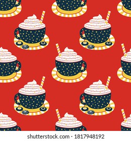 Hot cocoa mug whipped cream flat vector seamless pattern. Chocolate cup cartoon web wallpaper. Cute hand drawn coffee mug design element. Decorative seasonal hot cocoa bar menu background illustration