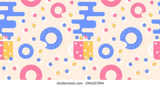 Hot cocoa in tin retro mug with marshmallows and donuts with sweet dusting. Seamless pattern decor for textile. Design with food and drink for wallpaper, fabric or kitchen. Vector stock illustration.