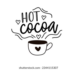 Hot cocoa. Vector logo word. Design poster, flyer, banner, menu cafe. Hand drawn calligraphy text. Typography cocoa logo. Signboard icon hot cocoa. Black and white illustration with cup.