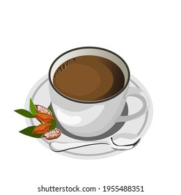 Hot cocoa in a white ceramic mug.There were cocoa beans and a spoon placed on the side.Vector illustration isolated on white background.