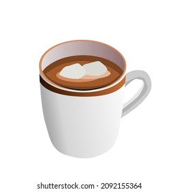 hot cocoa in white ceramic mug.There is mus maro on cocoa.Vector illustration isolated on white background.