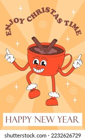 Hot coffe, cacao tee cup, mascot hot drink mug in retro. Merry Christmas and Happy New year, holly jolly concept vector. Cute, funny greeting card.