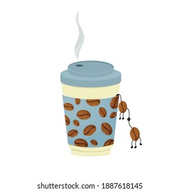 Hot coffe cup with crawling beans