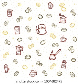 Hot coffe pattern with colored icons isolated on white background. Fits perfectly for print or any drink background.