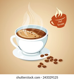 Hot coffee with coffee bean. Hot drinks icon. Vector illustration.