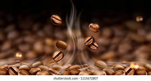 Hot coffee beans background in 3d illustration for design uses