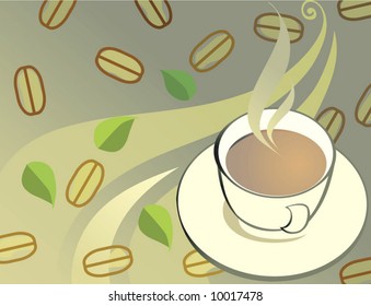 hot coffee with beans in floral background 	