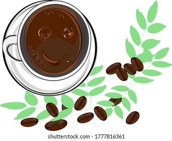 Hot coffee and coffee beans, vector illustration Drinks and food Cartoon vector