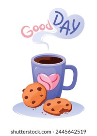 Hot coffee beverage with cookies. Espresso, americano in blue cup with heart. Good day text. Decorative design for coffee shops, posters, banners, postcards. Cartoon vector illustration