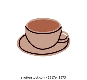 Hot coffee beverage, espresso, americano cup, morning breakfast drink icon, warm steaming drink, iced macchiato in ceramic glass flat vector illustration.