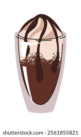 Hot coffee beverage with milk foam and chocolate. Espresso, cup of americano, cappuccino and latte in glasses. Vector illustration of blended coffee for logo, advertising, sticker, icon. Flat cartoon 