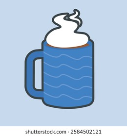 hot coffee blue cup with outline flat vector design.