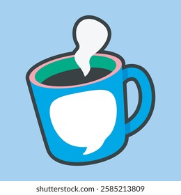 hot coffee in the blue mug with outline flat vector design.