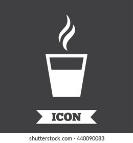 Hot coffee button. Hot tea drink with steam. Takeaway. Graphic design element. Flat coffee symbol on dark background. Vector
