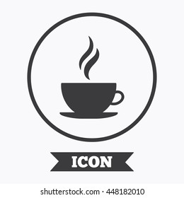  Hot coffee button. Hot tea drink with steam. Graphic design element. Flat symbol in circle button. Vector