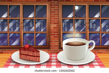 hot coffee and cake on the wooden table at the windows