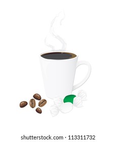 Hot coffee with candy and coffee beans