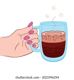 Hot coffee, cappuccino in a cup, carbonated drink in hand, beautiful manicure on a white background. Illustration for a coffee shop, restaurant, cafe, beauty salons, nail artists. Vector eps 10.