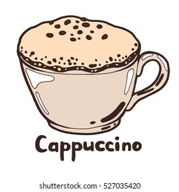 Hot coffee cappuccino with a thick froth and cinnamon topping in a cup. Hand drawn isolated illustration with the inscription on a white background