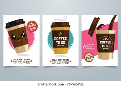 Hot Coffee cartoon illustration. Cute coffee cup with smiley face. Plastic cup with drink. Decorative elements for menu, flyer, advertising. A4 posters. Vector eps 10.