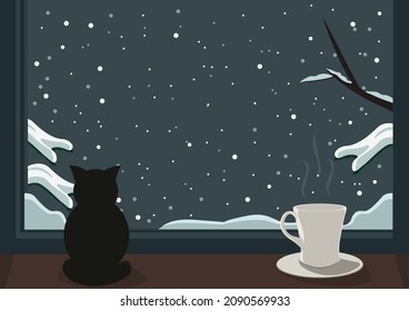 Café caliente y gato al lado de la ventana nieve llena