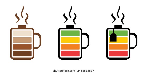 Recargo de café caliente, indicador de carga. Taza con Recargo de batería. Café a la hora del reloj o té. Logotipo de bebidas. Trabajo, concepto de equilibrio de vida para una energía completa. Necesito café. Batería baja